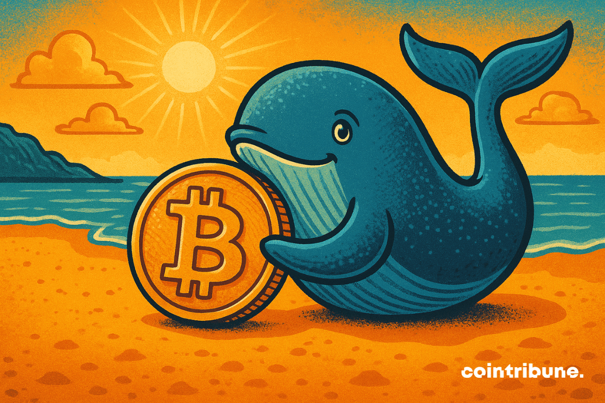 Illustration d'une baleine bleue souriante sur une plage ensoleillée, tenant une grande pièce d'or Bitcoin.
