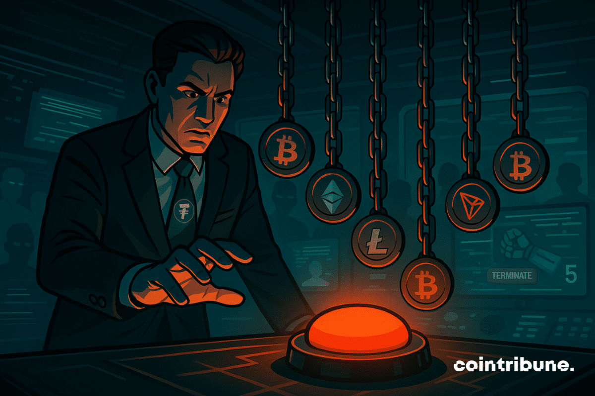 Un dirigeant représentant Tether suspend son geste au-dessus d’un bouton rouge, stoppant l’arrêt de l’USDT sur cinq blockchains.