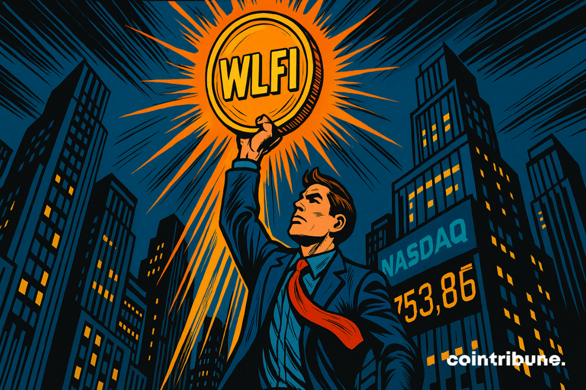 Businessman holding up a glowing WLFI crypto in front of the night skyline, 70s comic book style, orange flashes and Nasdaq atmosphere.