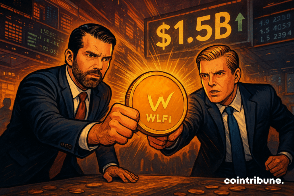 Trump’s sons push glowing WLFI coin on Wall Street floor, .5B ticker flashing in bold behind them.