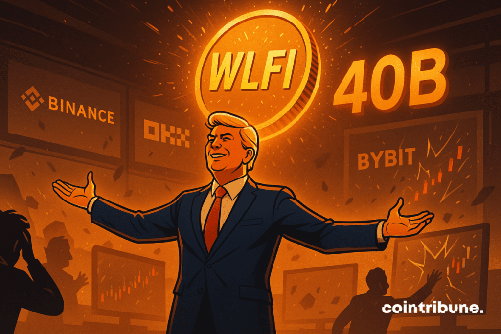 Un homme triomphant domine une scène boursière en ébullition, entouré du jeton WLFI, de graphiques et plateformes crypto.