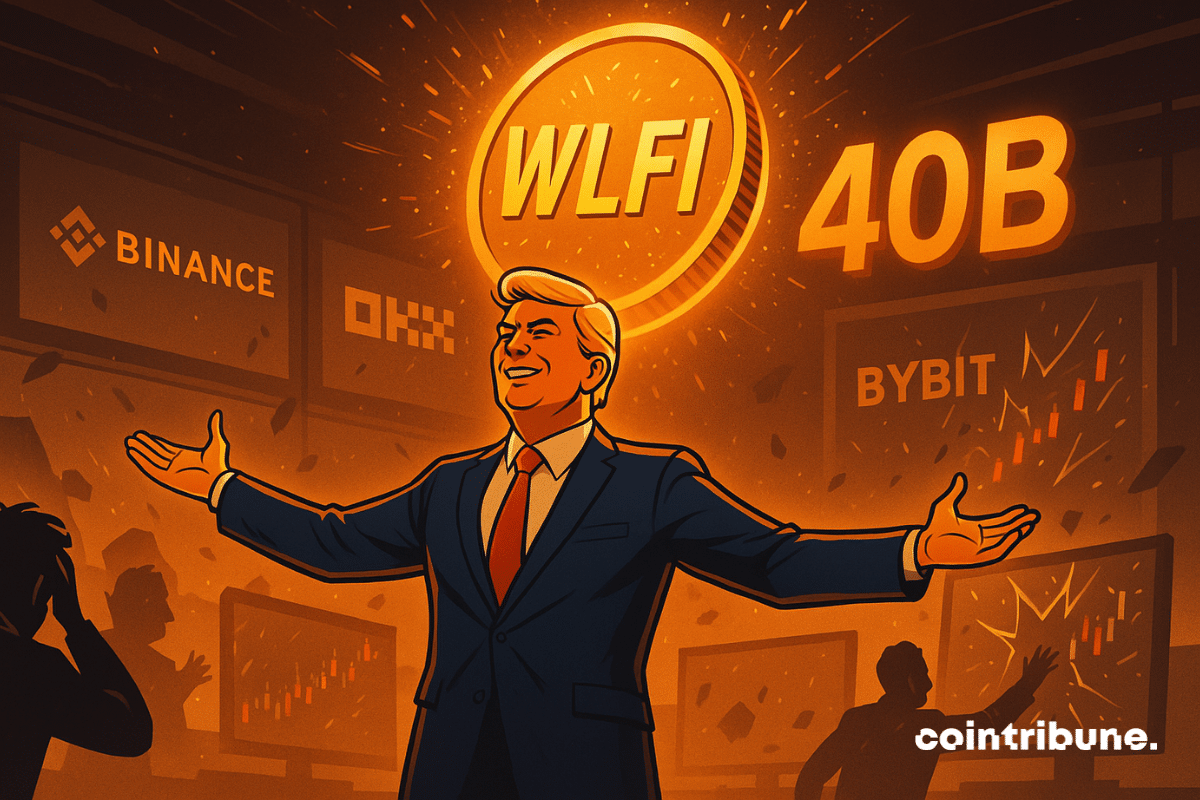 Un homme triomphant domine une scène boursière en ébullition, entouré du jeton WLFI, de graphiques et plateformes crypto.