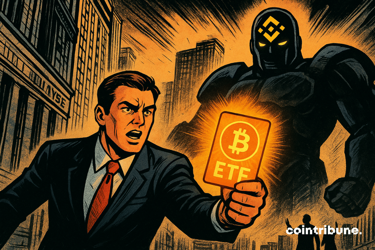 Un trader de Wall Street brandit une carte ETF Bitcoin lumineuse, face à un titan Binance qui plane sur la ville.