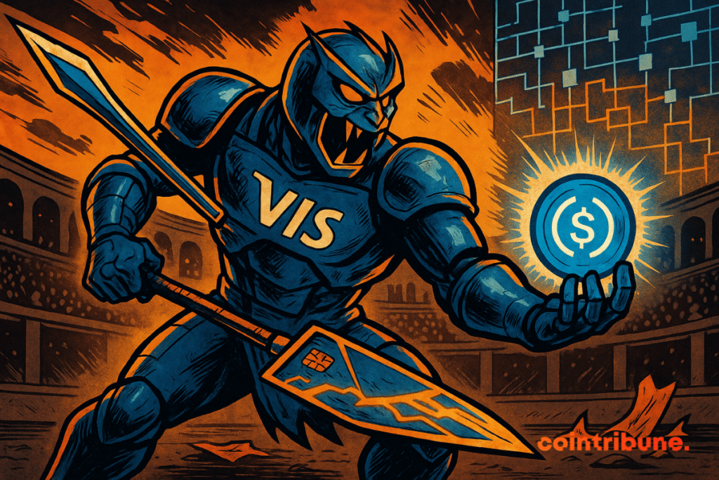 Guerrier futuriste Visa brandissant un jeton crypto dans une arène blockchain.