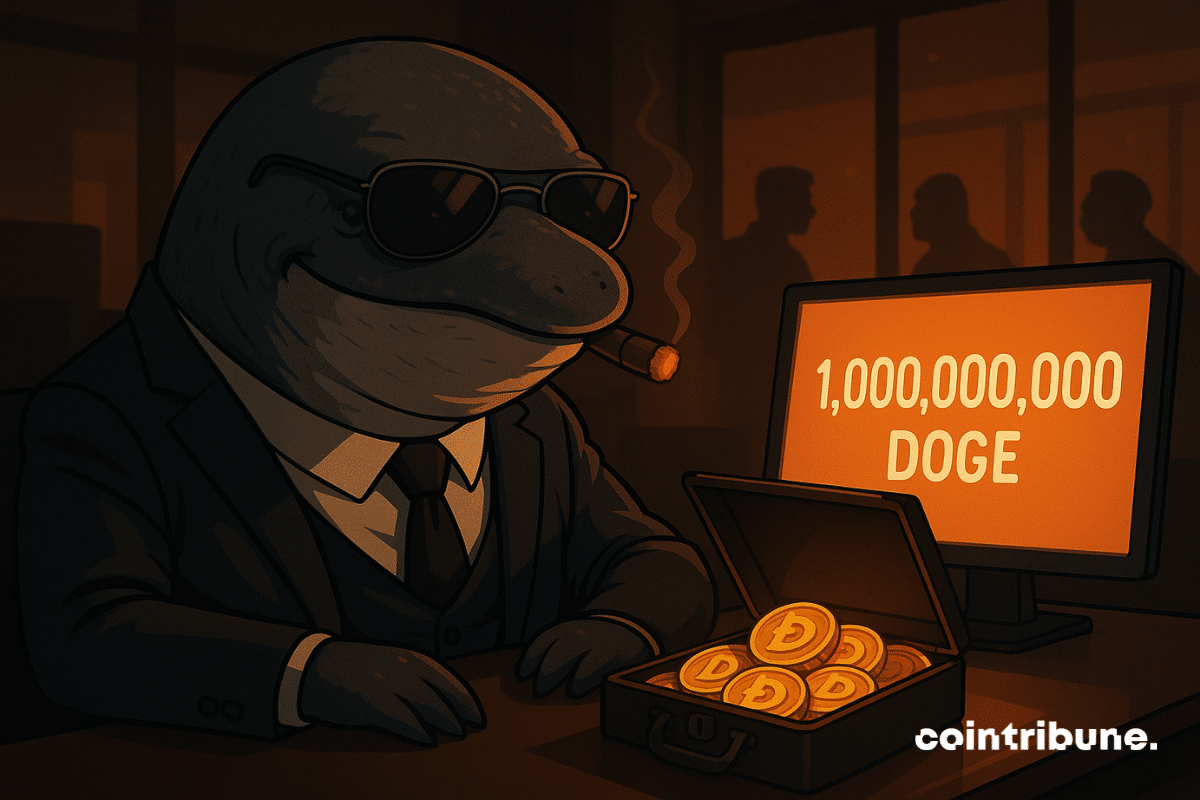 Una ballena antropomórfica con traje, gafas de sol y fumando un cigarro, se sienta frente a un maletín lleno de Dogecoin y una pantalla que muestra “1,000,000,000 DOGE".