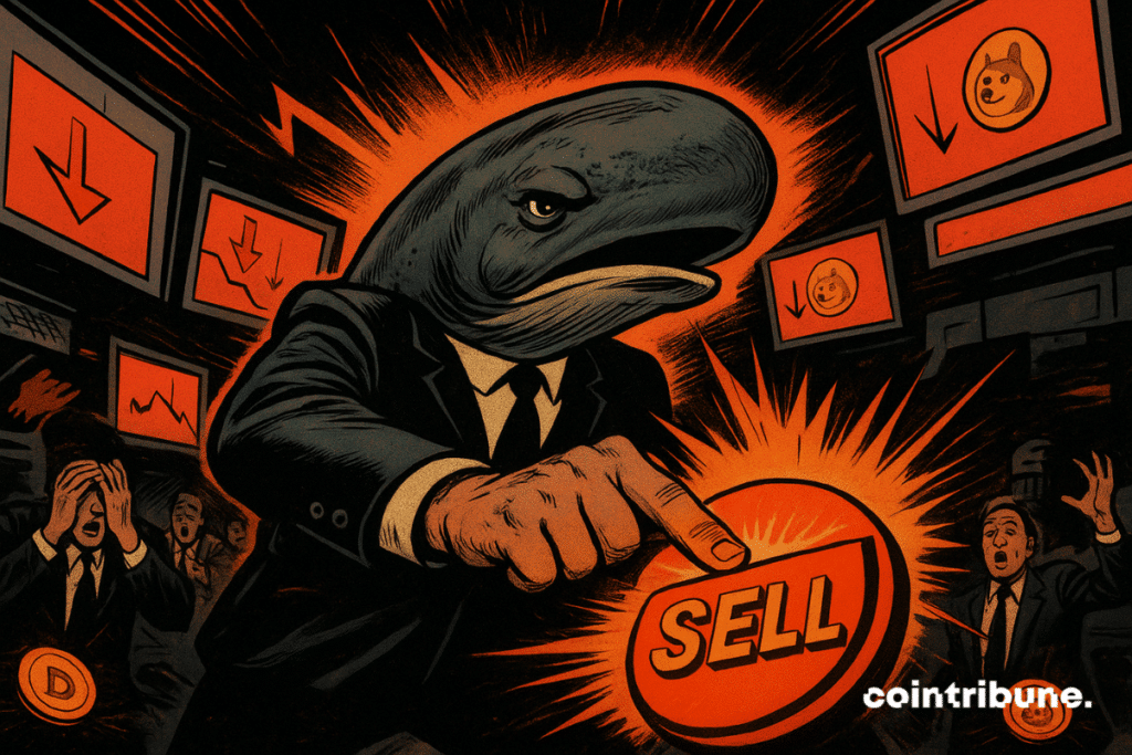 A whale-headed businessman slams a glowing “SELL” button as Dogecoin crashes, traders panic in chaos.
