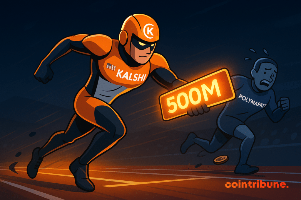 Kalshi, like a super athlete, overtakes Polymarket on the track, brandishing “500M” in victory, in a tense, dynamic, and competitive atmosphere.