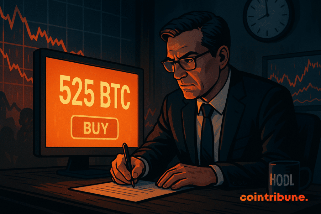 Um homem concentrado compra 525 BTC em um cenário de queda nos mercados, iluminado por uma tela laranja intensa. Uma atmosfera tensa.