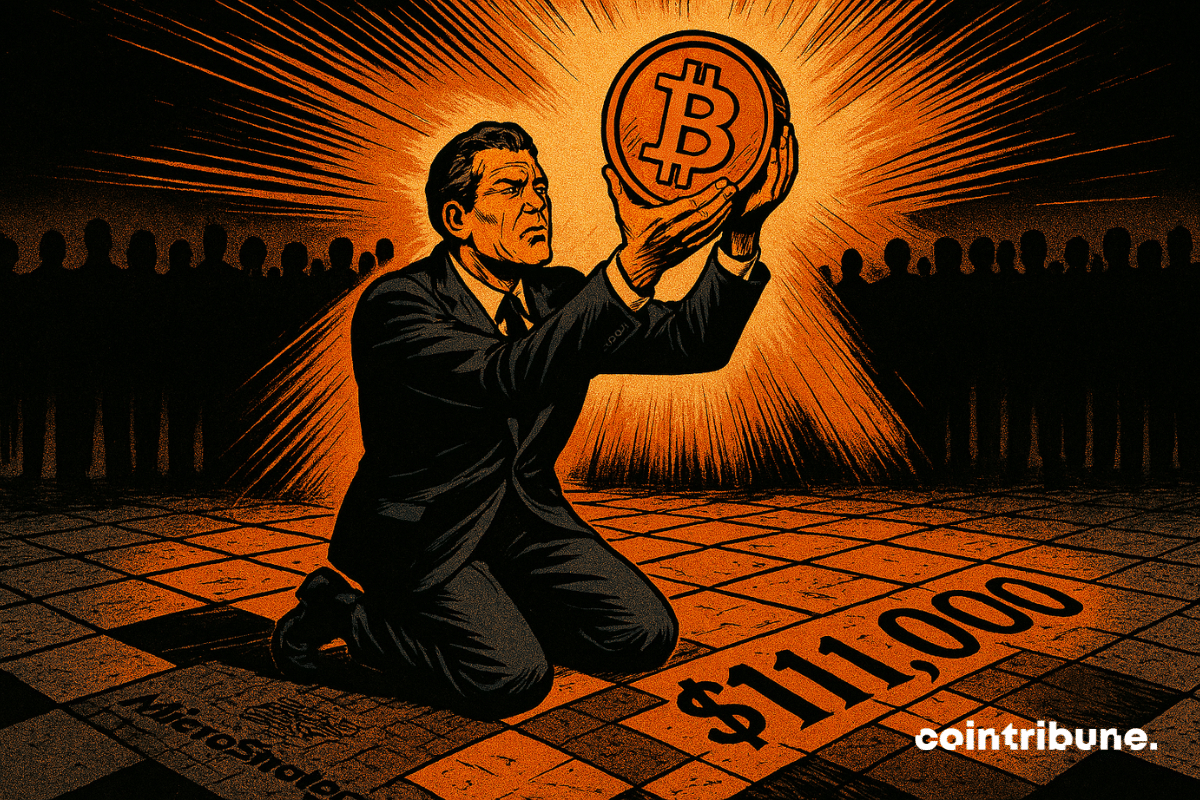 Un homme agenouillé élève un Bitcoin lumineux, entouré d’ombres silencieuses. Sol gravé “1,000”, ambiance sacrée et dramatique.