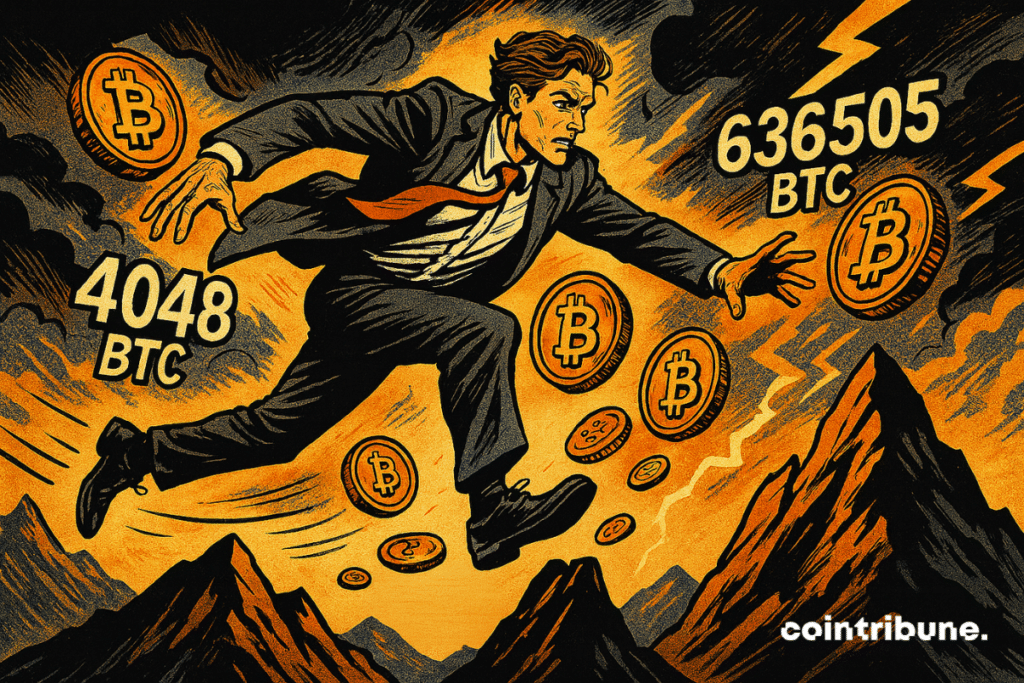 Audaz operador salta entre picos, Bitcoin flotante, cielos tormentosos, relámpagos naranjas, determinación, movimiento dinámico, volatilidad del mercado, tensión palpable.