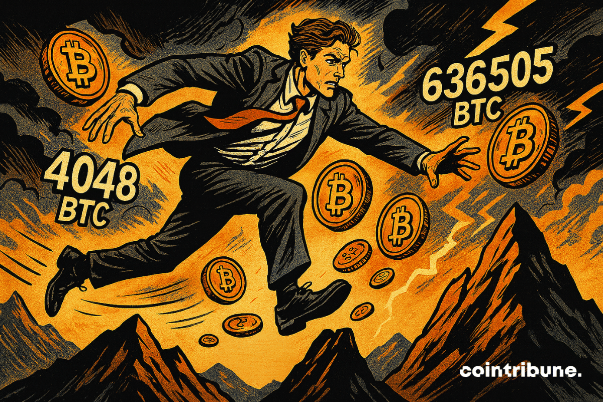 Trader audacieux saute entre pics, Bitcoin flottant, ciel orageux, éclairs oranges, détermination, mouvement dynamique, volatilité du marché, tension palpable.