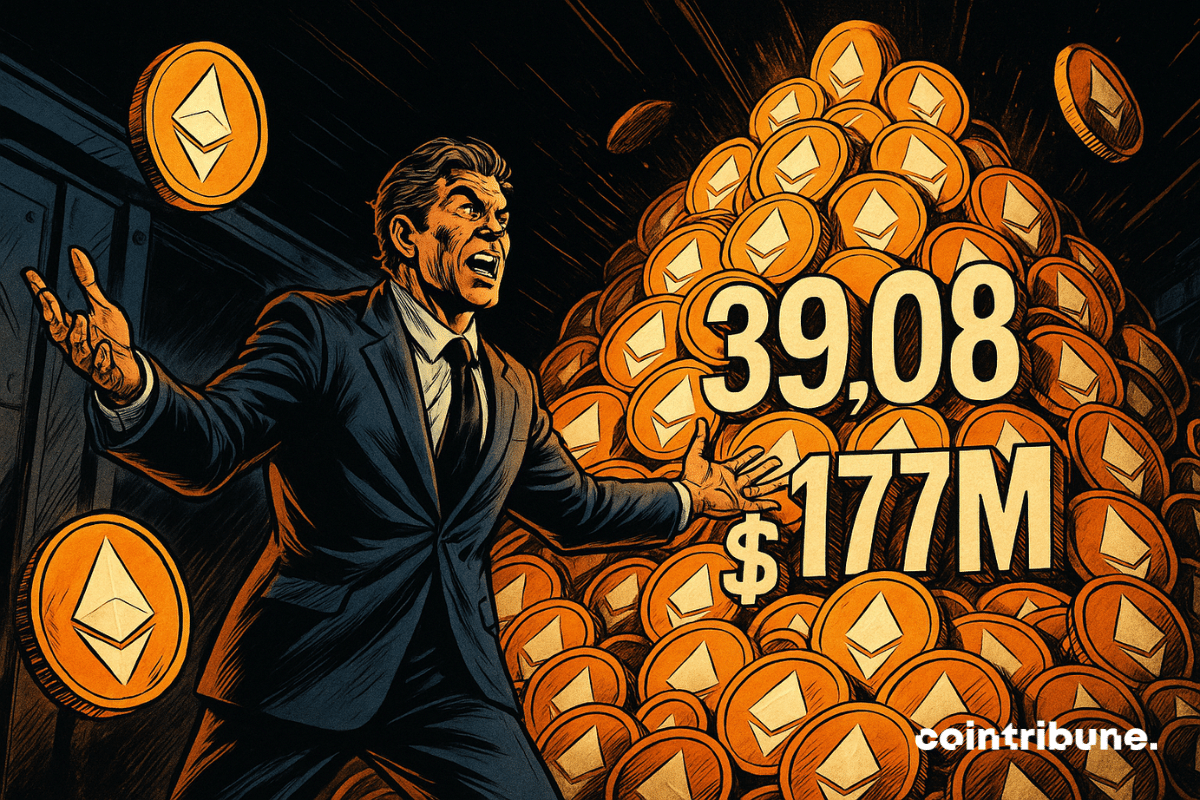 SharpLink triumphant, arms outstretched, surrounded by a luminous mountain of Ethereum tokens, floating numbers, dramatic and dazzling atmosphere.
