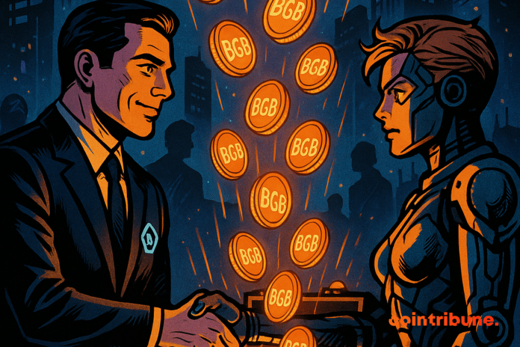 Deux partenaires crypto se serrent la main sous un ciel nocturne, entourés de jetons BGB flottants et du chiffre 440M.
