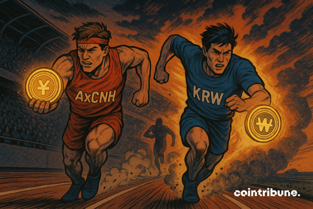 Two athletes race with glowing coins, symbolizing AxCNH and KRW1 stablecoin rivalry