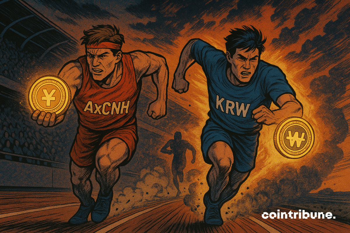 Two athletes race with glowing coins, symbolizing AxCNH and KRW1 stablecoin rivalry