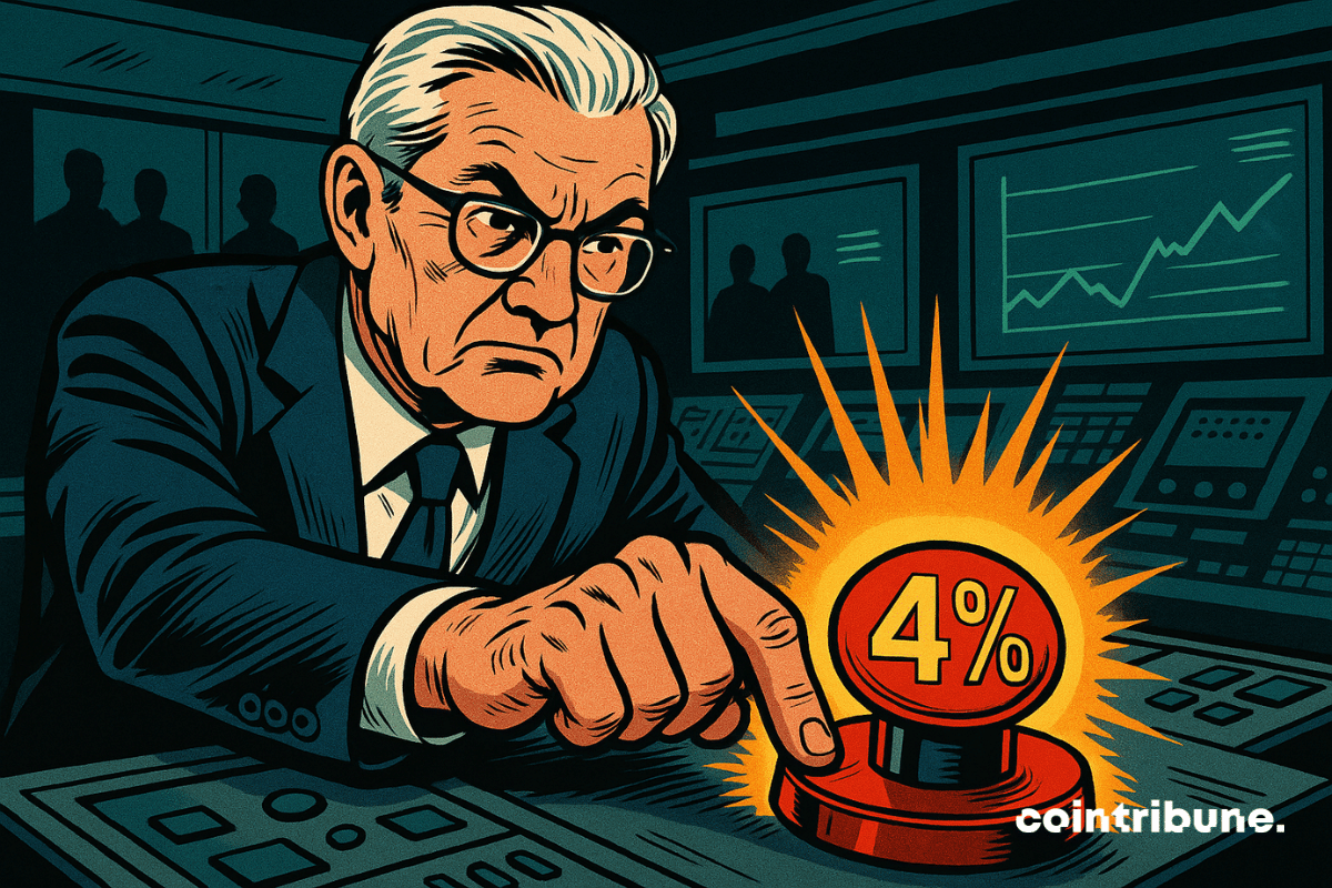 Un banquier déterminé appuie sur un gros bouton rouge "4%" dans une salle de contrôle, sous les regards tendus.