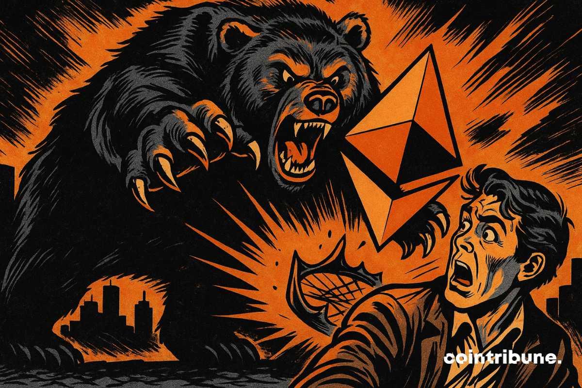 Un ours géant surgit du sol, attrapant le logo Ethereum, tandis qu’une ville sombre amplifie le suspense dramatique.