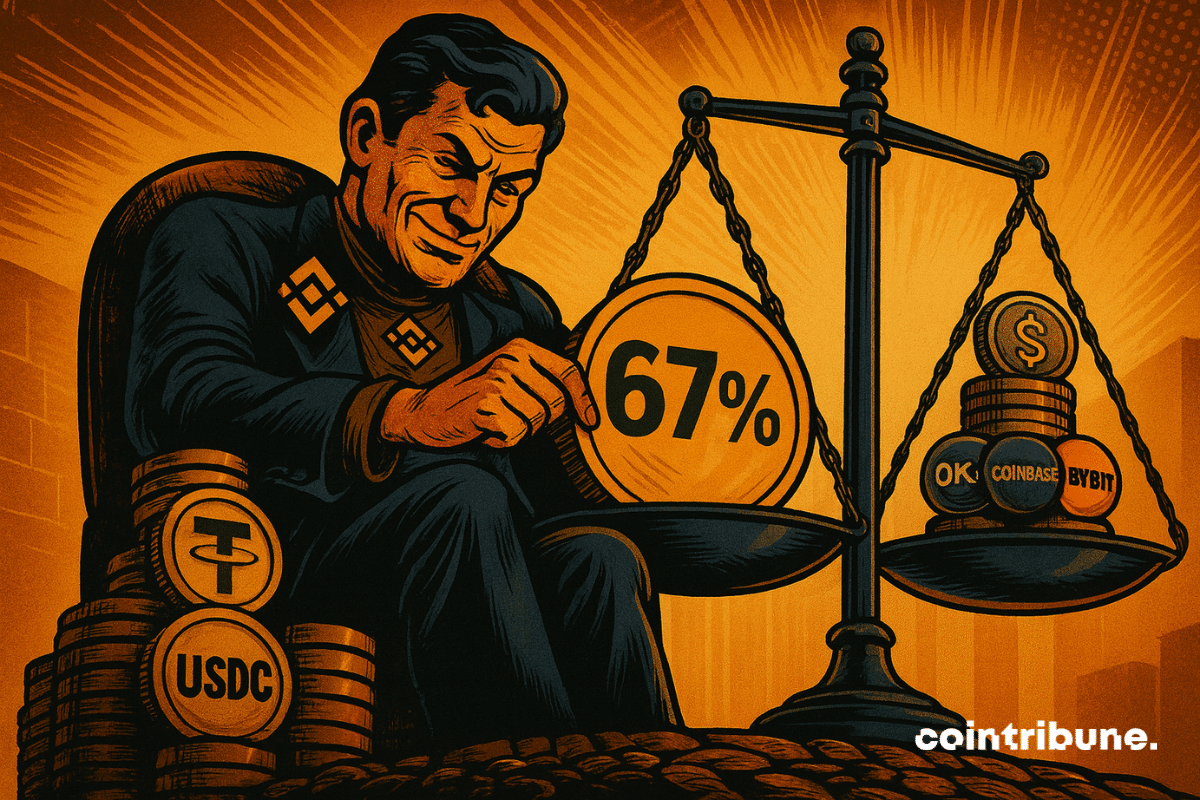 Un homme manipulateur place une pièce "67%" sur une balance, écrasant OKX, Coinbase et Bybit dans une scène dramatique.