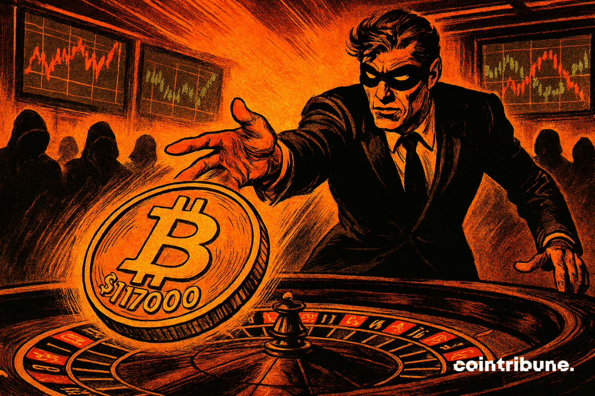A masked man tosses a Bitcoin coin onto a casino table under orange lights, watched by hooded figures.