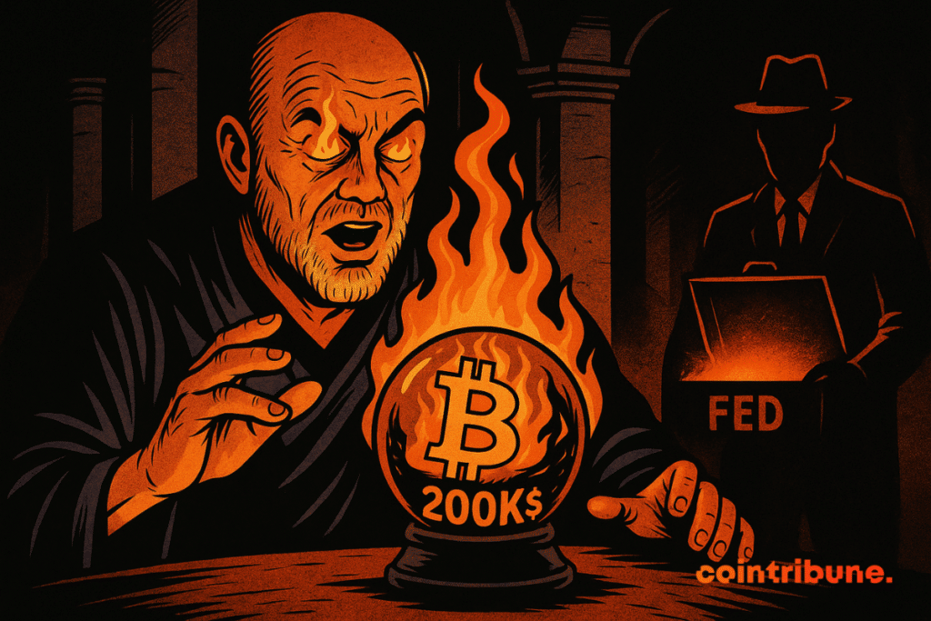 Un voyant halluciné fixe une boule de cristal en flammes, un Bitcoin apparaît avec "200K$", sous l’œil d’un agent Fed.