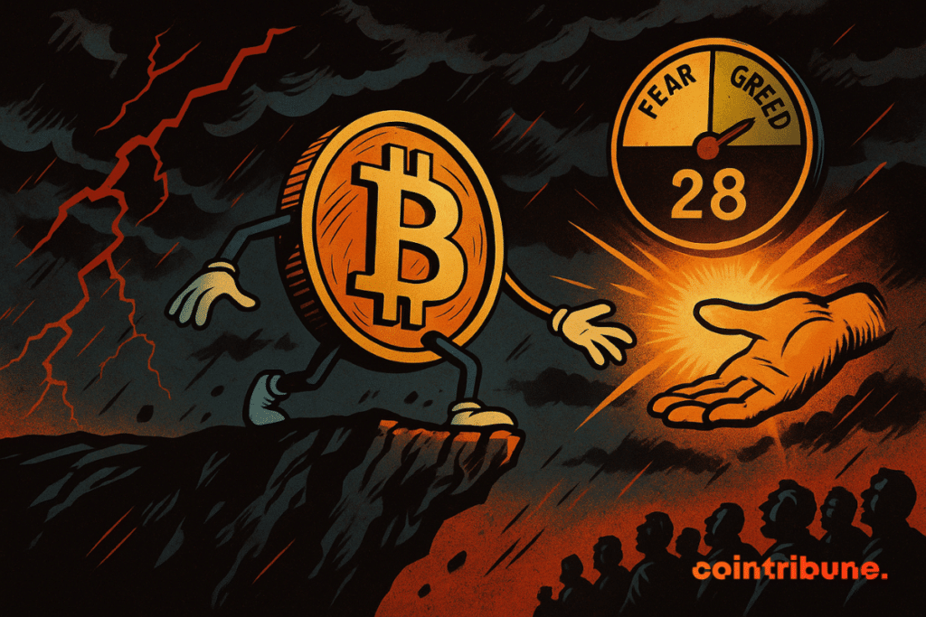A humanized Bitcoin coin teeters on the edge of a cliff, while an outstretched luminous hand symbolizes unexpected hope.