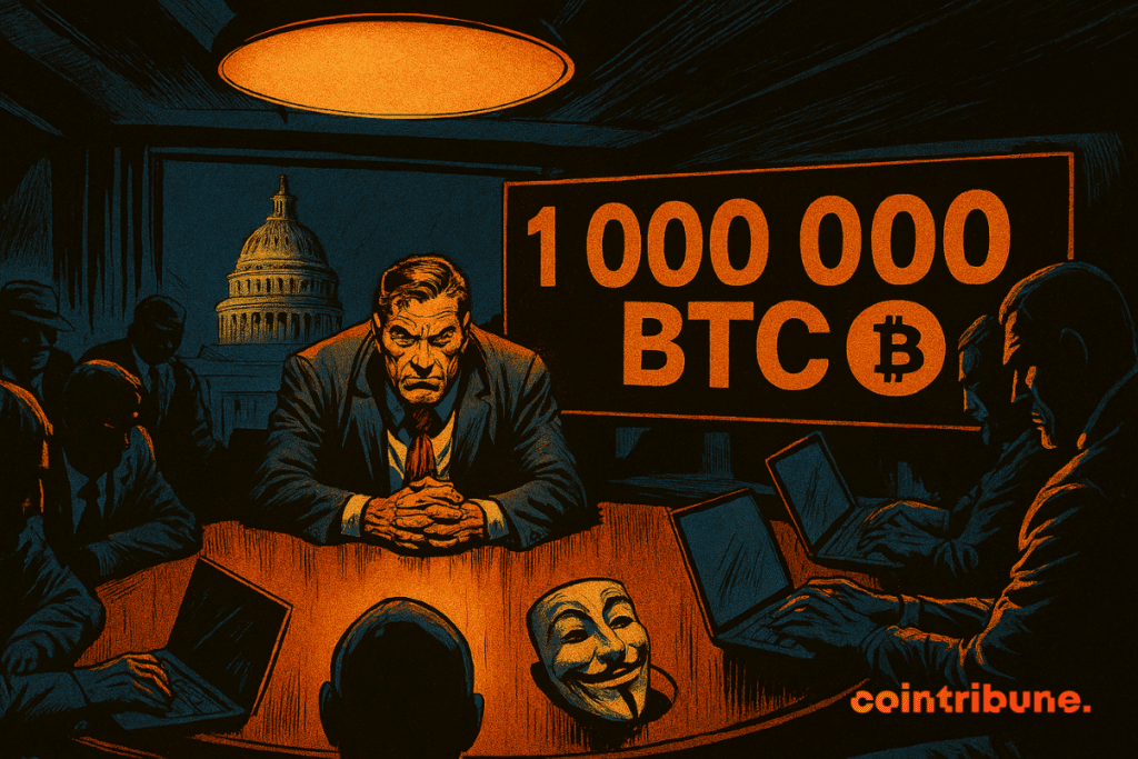 Salle tendue, regards sombres, Bitcoin en lumière. Silhouettes mystérieuses, masque provocateur, pouvoir et secret se croisent dans l’ombre.