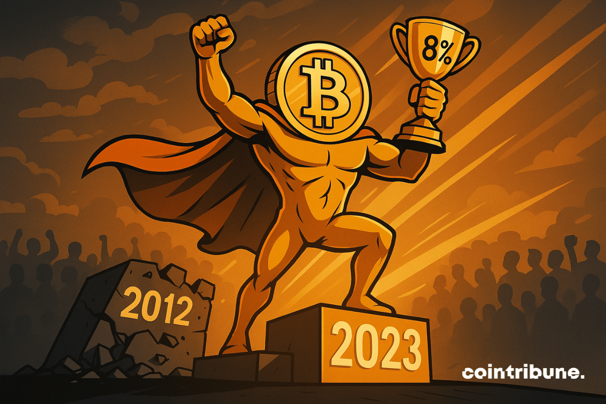 Bitcoin héroïque, musclé, brandit un trophée "8%" sur un podium "2023", surpassant "2012", ambiance triomphale, foule en liesse.