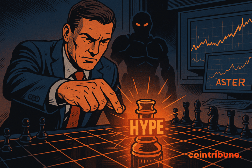 Un homme en costume place une pièce "HYPE" sur un échiquier futuriste, sous l'œil menaçant d'une silhouette sombre.