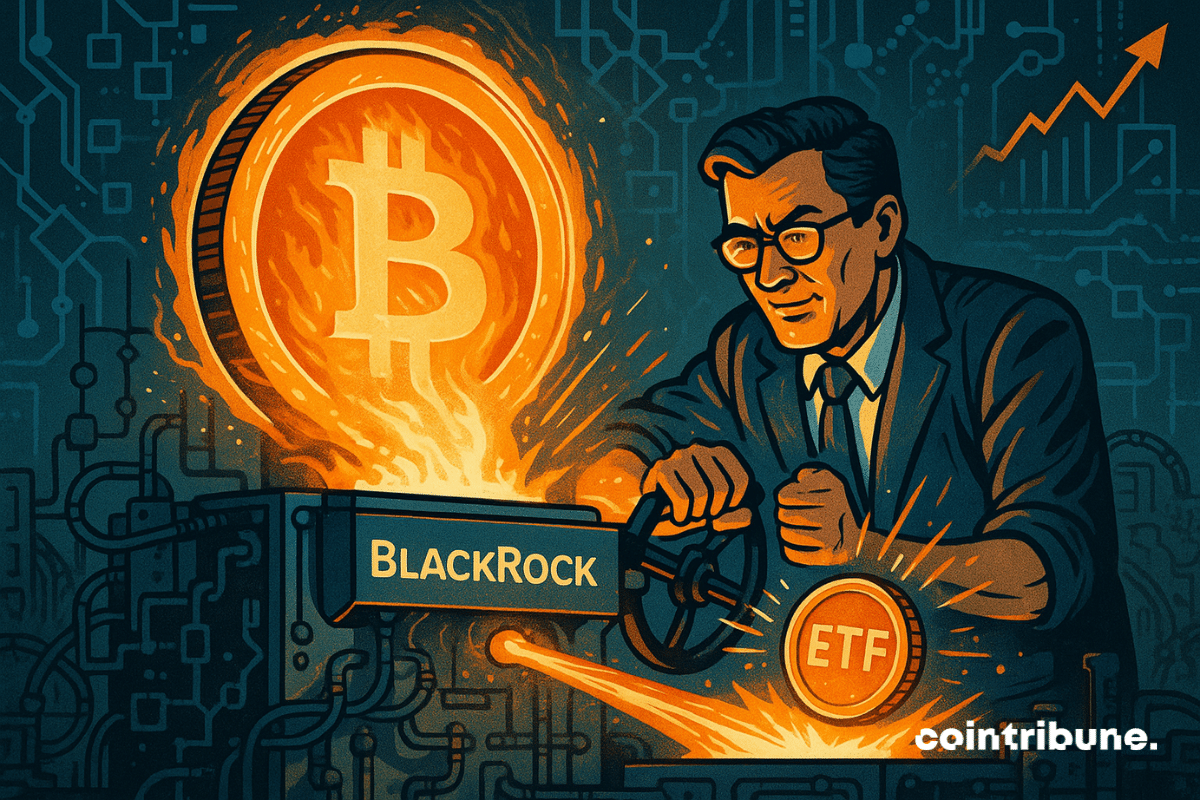 A scientist melts a giant Bitcoin in a BlackRock machine, creating a bright and powerful ETF token.