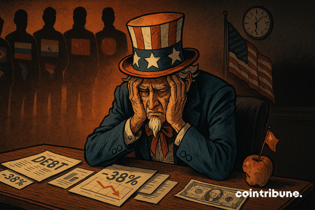 Uncle Sam overwhelmed by a wall of BRICS debt, symbolizing the U.S. deficit.