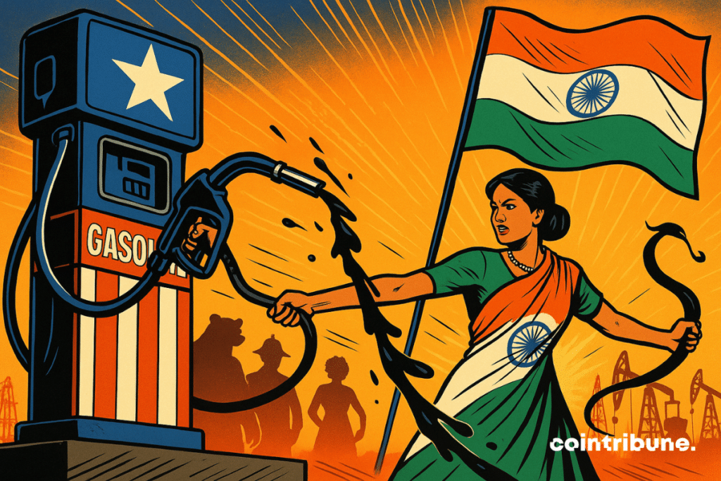 A human silhouette representing India, a member of the BRICS alliance, forcefully pulls out the pump hose, still dripping with black oil.