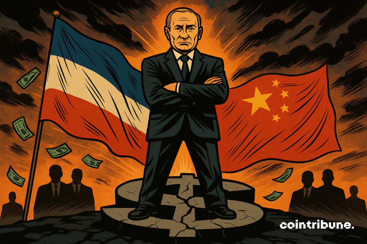 Vladimir Putin, President of Russia and member of the BRICS bloc, is standing on a broken dollar.