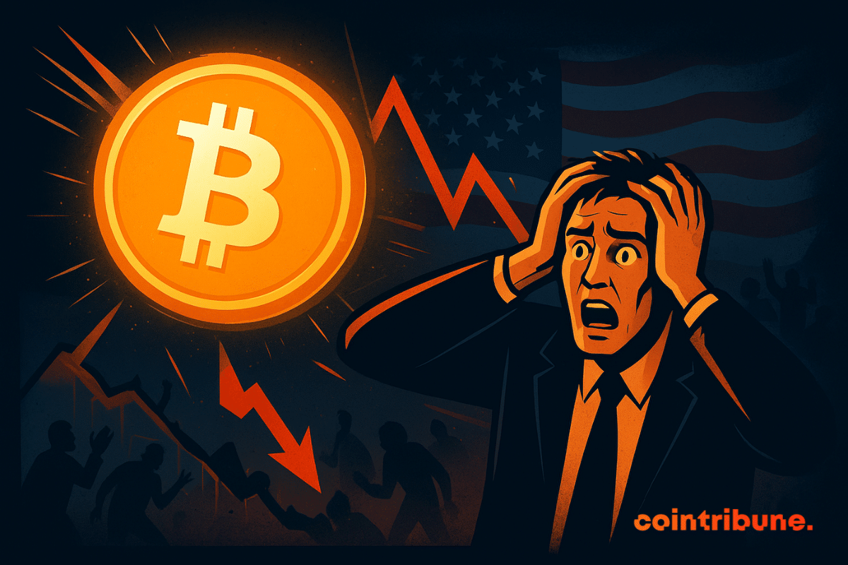 Un Bitcoin orange brillant s'élève au-dessus d'un trader de Wall Street paniqué se tenant la tête tandis que les graphiques boursiers rouges s'effondrent derrière lui.