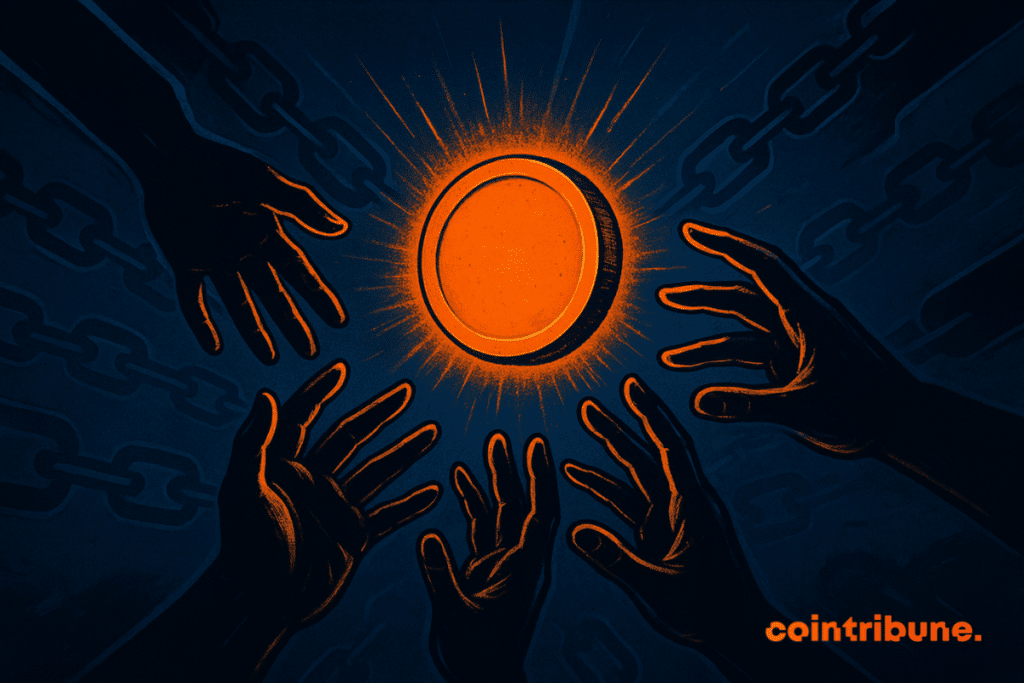 Varias manos oscuras se extienden hacia una moneda de color naranja brillante que irradia luz, con patrones de cadenas en el fondo.