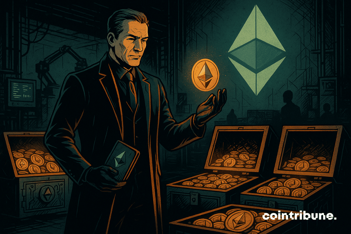 Un représentant de BitMine tient dans une main un portefeuille matériel stylisé, et dans l’autre une pièce de la crypto Ethereum.