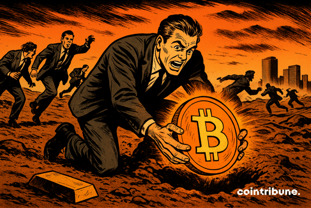 Un businessman en costume, le visage tendu par l’effort et la convoitise, extrait à mains nues un énorme Bitcoin lumineux du sol poussiéreux. Derrière lui, d’autres hommes en cravate se ruent en courant, prêts à se jeter sur la trouvaille. À l’horizon, les silhouettes de gratte-ciels financiers se découpent sur un ciel orange incandescent, tandis qu’un lingot d’or oublié gît à l’avant-plan, symbole d’un passé révolu. L’ensemble, traité en style comics des années 70, dégage une énergie frénétique, entre ruée vers l’or et bataille moderne pour le “nouvel or digital”.
