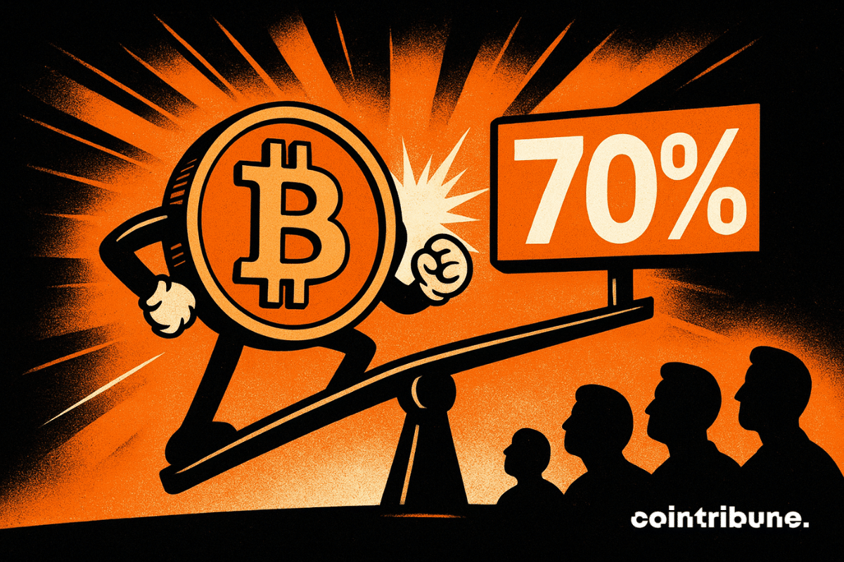 A cartoon-style Bitcoin coin character tips a balance scale against a glowing “70%” sign, watched by silhouetted figures.