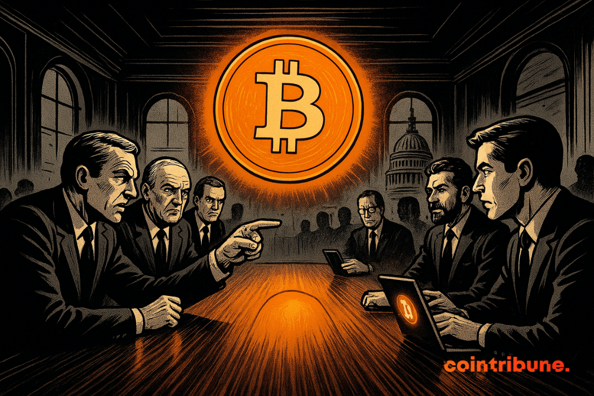 Una escena de estilo cómico de congresistas estadounidenses y líderes criptográficos enfrentándose en una mesa larga, con un Bitcoin brillante flotando encima y el Capitolio visible en el fondo.