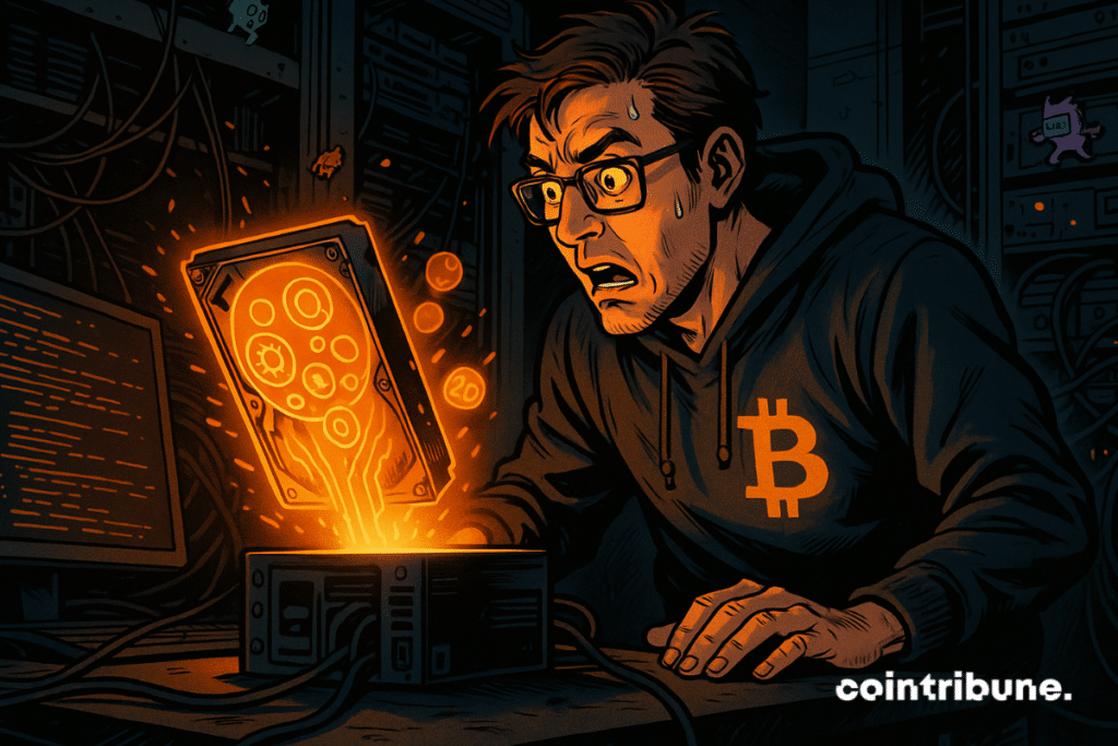 Un técnico sorprendido en una oscura sala de servidores observa cómo un disco duro brillante de color naranja emite símbolos y datos BRC-20, vistiendo una sudadera con el logo de Bitcoin.