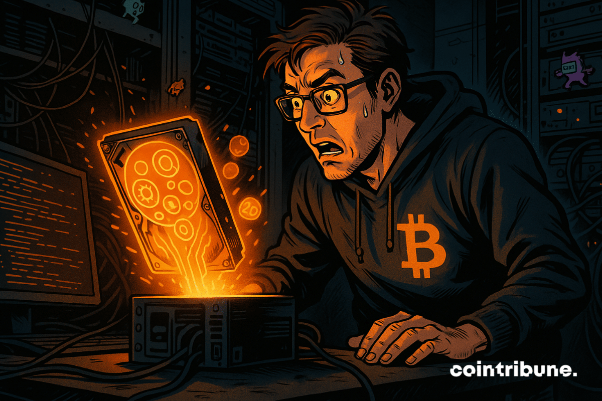 A shocked technician in a dark server room watches an orange-glowing hard drive emit BRC-20 symbols and data, wearing a hoodie with the Bitcoin logo.