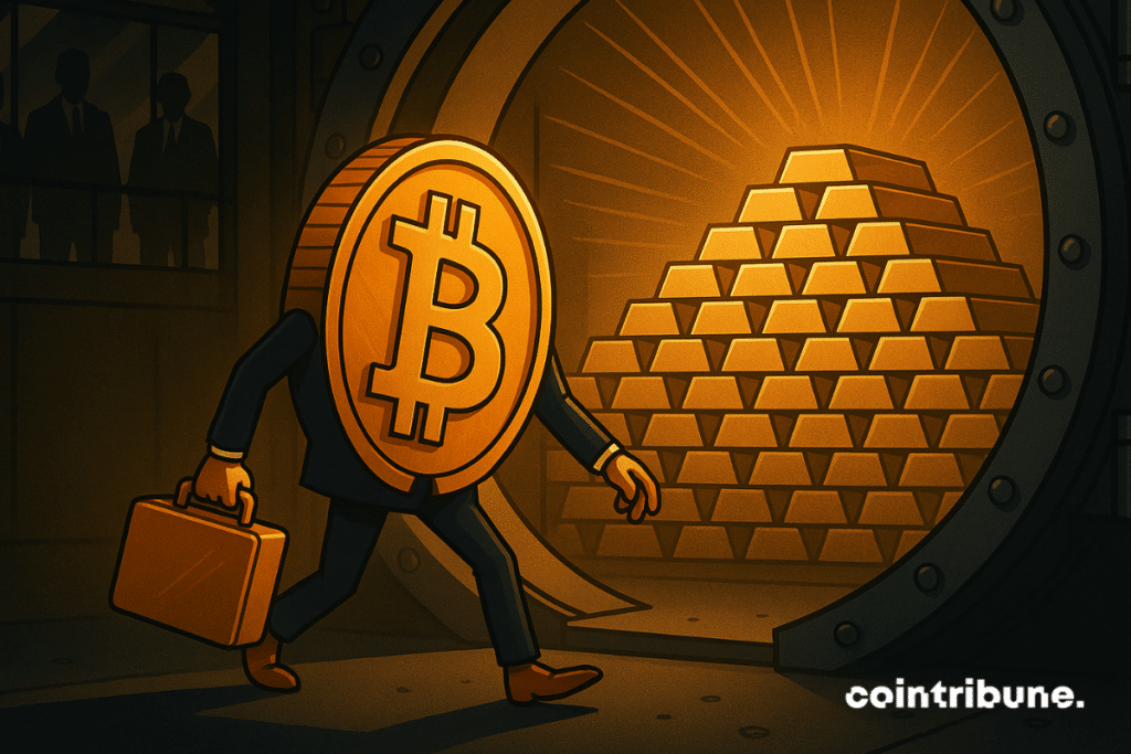 Bitcoin enters a central bank vault, joining gold bars under dramatic lighting.