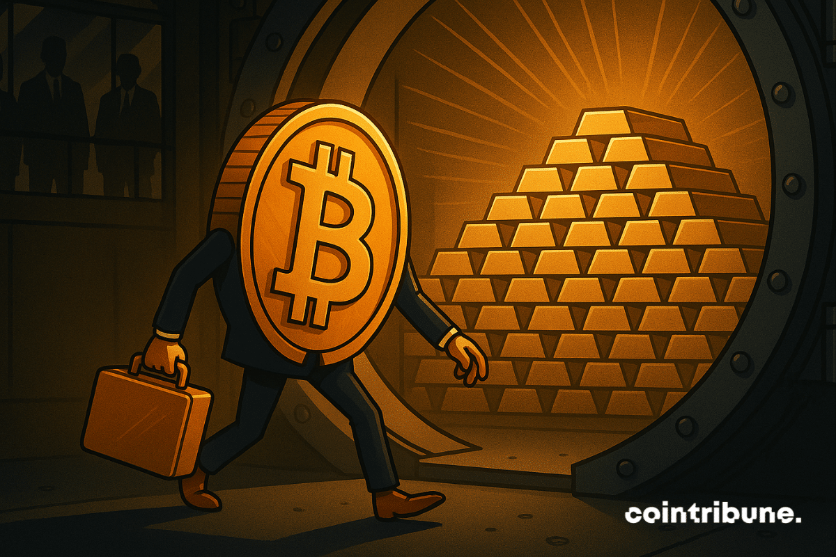 Bitcoin enters a central bank vault, joining gold bars under dramatic lighting.