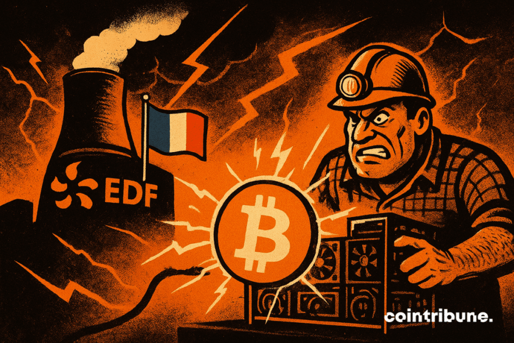 Un mineur américain en colère capte l’énergie nucléaire d’une centrale EDF française, représentée par de puissants éclairs orange, tandis que le drapeau tricolore flotte en arrière-plan et qu’un énorme logo Bitcoin brille au centre de la scène.