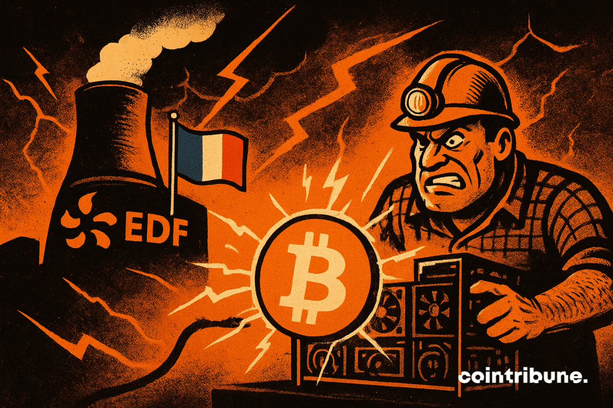 Un mineur américain en colère capte l’énergie nucléaire d’une centrale EDF française, représentée par de puissants éclairs orange, tandis que le drapeau tricolore flotte en arrière-plan et qu’un énorme logo Bitcoin brille au centre de la scène.