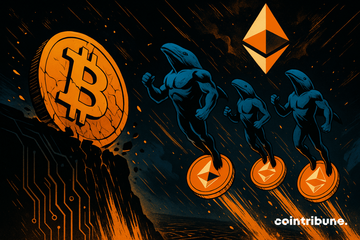 Une pièce géante de Bitcoin, craquelée en son centre, commence à basculer dans le vide. Elle est inclinée vers le bas à droite, amplifiant la sensation de chute. Trois baleines stylisées, mi-créatures marines, mi-personnages humanoïdes imposants s’élèvent dans le ciel. Elles sont debout sur des jetons Ether (ETH) orange et dorés, comme si elles surfaient vers le haut.