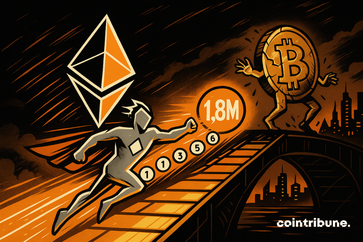 Ethereum quickly crosses a futuristic digital bridge, followed by a stream of small icons (transactions) numbered '1, 2, 3… up to 1.8M'. Bitcoin remains behind on the bridge.