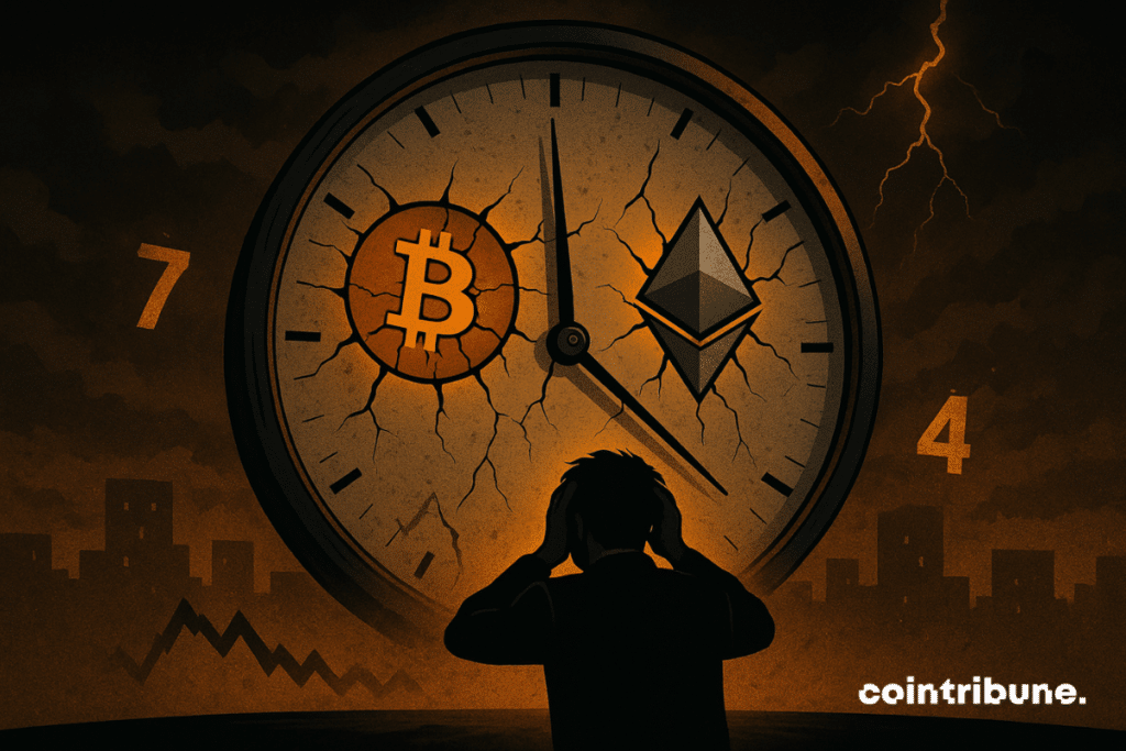 Sur une horloge géante, l’aiguille des minutes frôle minuit. Sur le cadran fissuré, les icônes du Bitcoin (pièce dorée) et d’Ethereum (cristal argenté) se craquèlent et donnent l’impression d’être sur le point d’exploser, ce qui symbolise l’expiration des options.