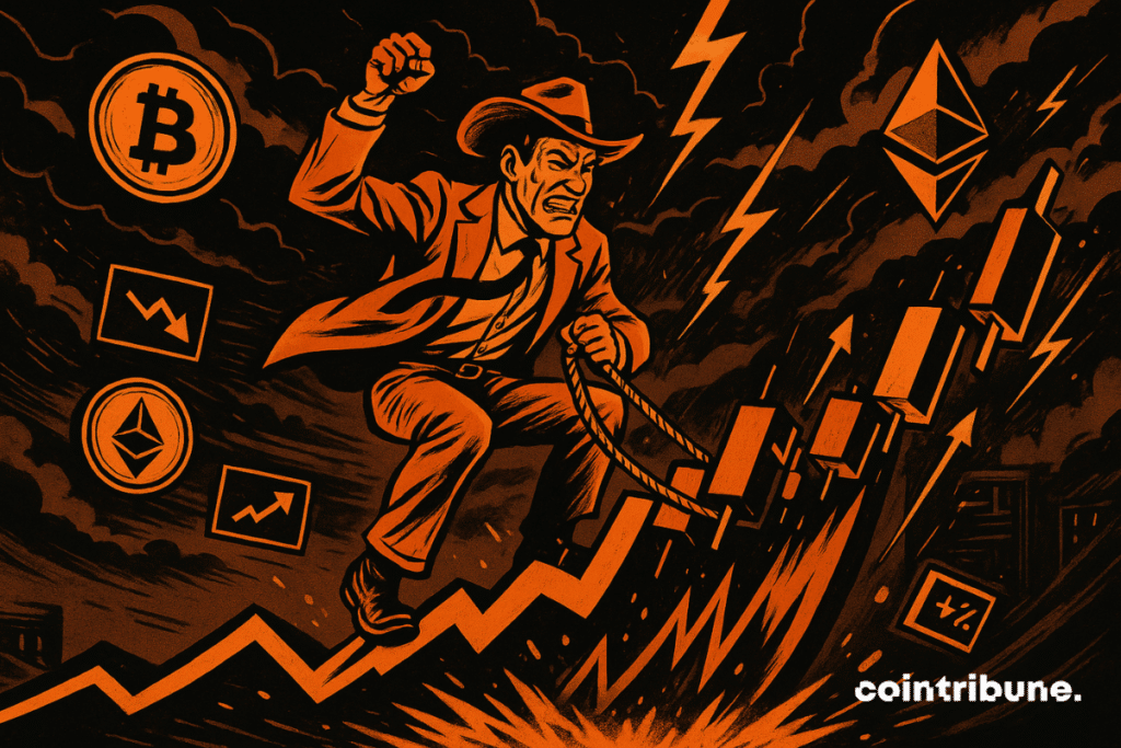 Un trader estilizado como un vaquero cabalga literalmente la curva de precios de Bitcoin y Ethereum, como si fuera una montura salvaje. Tiene una mano levantada y la otra sujeta a una cuerda imaginaria alrededor de la curva, en una postura de rodeo.