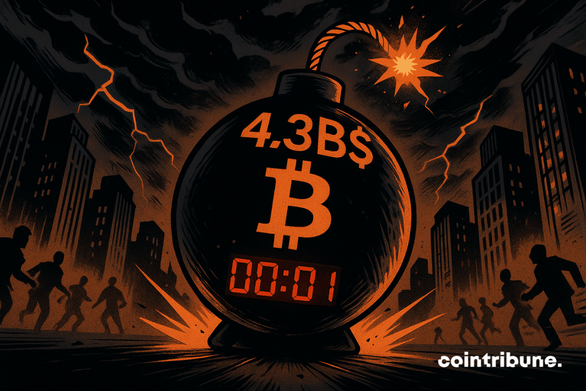 Une bombe métallisée est marquée d’un logo Bitcoin orange vif en relief, et un minuteur en compte à rebours indique « 00:01 ». Juste au-dessus, en chiffres numériques lumineux, on voit « 4.3B$ », ce qui symbolise l’expiration des options.