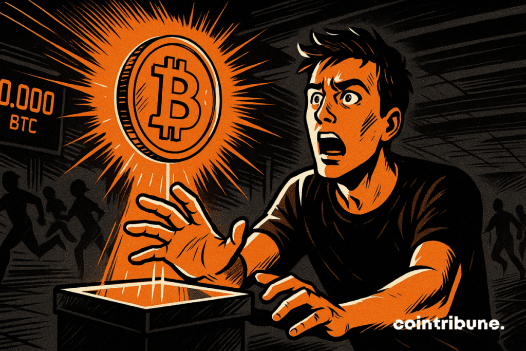 Um jovem investidor estende a mão para o último Bitcoin suspenso no ar.
